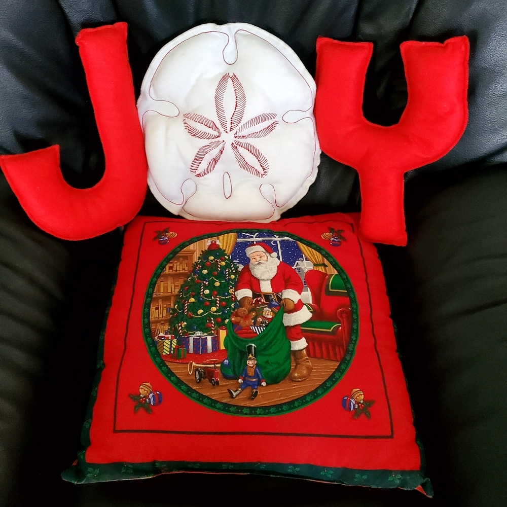 Vintage Santa Pillow & Wall Hanging "Joy" Red Green Bright and Colorful